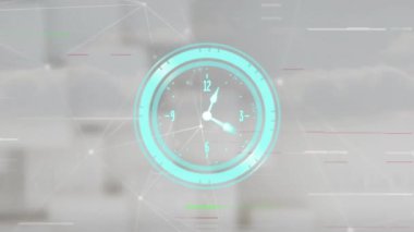 Saat tik tak ve veri işleme animasyonu. Küresel iş, finans, hesaplama ve veri işleme kavramı dijital olarak oluşturulmuş video.