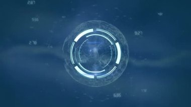 Bağlantı ağı üzerinden kapsam taraması ve veri işleme animasyonu. Dijital olarak oluşturulmuş küresel bağlantılar, hesaplama ve veri işleme kavramı.
