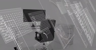 Ofis üzerinde finansal veri işleme animasyonu. Küresel iş, finans, bağlantılar, hesaplama ve veri işleme kavramı dijital olarak oluşturulmuş video.