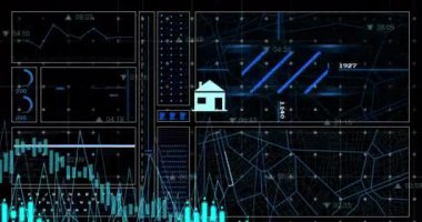 Siyah arkaplana karşı veri işleme arayüzü üzerinde dijital simgelerin canlandırılması. Bilgisayar arayüzü ve iş teknolojisi kavramı