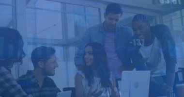 Animation of financial data processing over diverse business people in office. Global business, finances, computing and data processing concept digitally generated video.