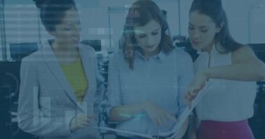 Animation of financial data processing over diverse business people in office. Global business, finances, computing and data processing concept digitally generated video.