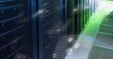 Animation of binary coding data processing against computer server room. Computer interface and business data storage technology concept