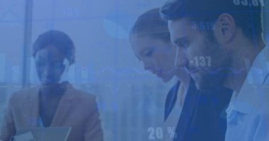 Animation of financial data processing over diverse business people in office. Global business, finances, computing and data processing concept digitally generated video.