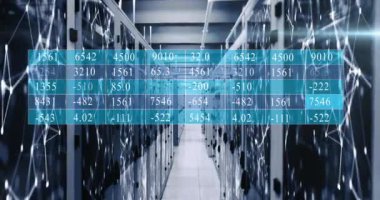 Bilgisayar sunucuları üzerinden finansal veri işleme animasyonu. Küresel iş, finans, bilgisayar ve veri işleme kavramı dijital olarak oluşturulmuş video.