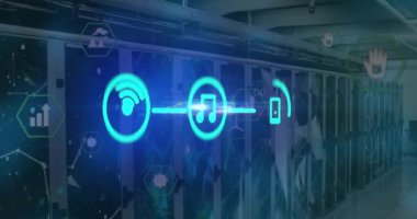 Bilgisayar sunucuları üzerindeki bilgisayar simgelerinin ve bağlantılarının canlandırılması. Dijital olarak oluşturulmuş küresel bağlantılar, hesaplama ve veri işleme kavramı.