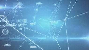 Grafik ve ses dalgaları ikonlarıyla bağlantılı noktaların mavi arkaplan üzerindeki lens fişeklerinin animasyonu. Dijital olarak oluşturulmuş, hologram, illüstrasyon, iletişim, rapor, iş konsepti.
