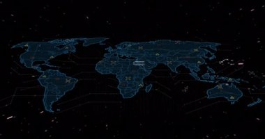 Siyah arkaplandaki noktalarla haritanın üzerindeki devre kartı desenlerinin animasyonu. Dijital olarak üretilmiş, hologram, illüstrasyon, küresel, güç kaynağı, anakart ve teknoloji kavramı.
