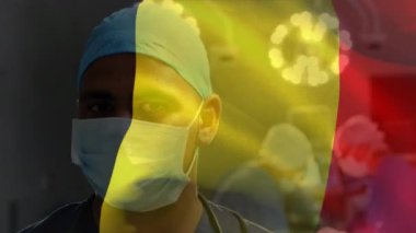 Hastanede Afro-Amerikan erkek cerraha karşı Belçika bayrağı sallama animasyonu. Tıbbi sağlık teknolojisi kavramı