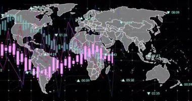 Kara arkaplanda dünya haritasıyla şebeke üzerinden veri işleme animasyonu. Küresel ağ ve iş veri teknolojisi kavramı