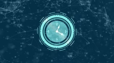 Bağlantı ağı üzerinden saat işleme ve veri işleme animasyonları. Dijital olarak oluşturulmuş küresel bağlantılar, hesaplama ve veri işleme kavramı.