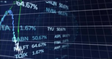 Kapsam taramasında finansal veri işleme animasyonu. Küresel iş, finans, hesaplama ve veri işleme kavramı dijital olarak oluşturulmuş video.