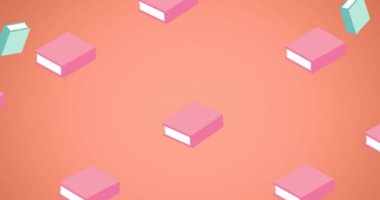 Pembe arka planda bilgisayar monitörü ve kitap simgelerinin animasyonu. Dijital olarak üretilen eğitim, öğrenme ve bilgi konsepti.