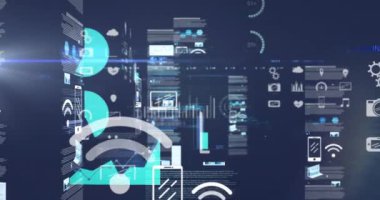 Mavi arka planda istatistiksel veri işleme ve mavi ışık noktası animasyonu. Bilgisayar arayüzü ve iş veri teknolojisi kavramı