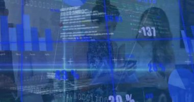 Animation of financial data processing over diverse business people. Global business, finances, computing and data processing concept digitally generated video.