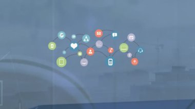 Animation of network of digital icons and data processing against aerial view of cityscape. Global networking and business technology concept