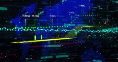 Animation of financial data processing over world map. Global business, finances, computing and data processing concept digitally generated video.