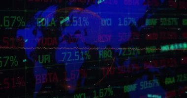 Dünya haritasında kara fon üzerinden borsa veri işleme animasyonu. Küresel ekonomi ve iş teknolojisi kavramı