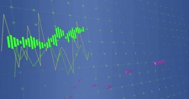 Animation of data processing over grid network against blue background. Computer interface and business technology concept