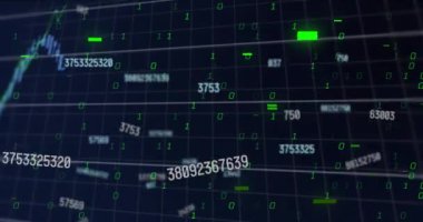 Siyah arkaplan üzerinde ikili ve veri işleme. İş, küresel iletişim, veri ve dijital arayüz teknolojisi, dijital olarak oluşturulmuş video.