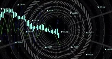 Siyah zemin üzerinde eşmerkezli çemberlere karşı şebeke üzerinden veri işleme animasyonu. İş veri teknolojisi kavramı