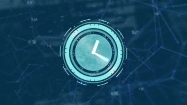 Bağlantı ağı üzerinden saat işleme ve veri işleme animasyonları. Dijital olarak oluşturulmuş küresel bağlantılar, hesaplama ve veri işleme kavramı.