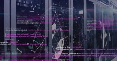 Bilgisayar dilinin sunucu odasına karşı küre oluşturan birbirine bağlı noktalar üzerinden canlandırılması. Dijital bileşik, çoklu pozlama, iletişim, küreselleşme, kodlama, teknoloji ve ağ sunucusu.