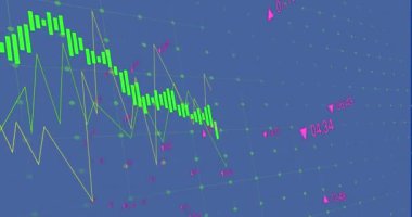 Animation of financial data processing over blue background. Global business, finances, computing and data processing concept digitally generated video.