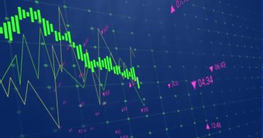 Animation of data processing over grid network against blue background. Computer interface and business technology concept