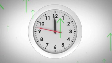 Saatin üzerindeki yeşil ok simgelerinin animasyonu. Küresel iş, finans, bilgisayar ve veri işleme kavramı dijital olarak oluşturulmuş video.