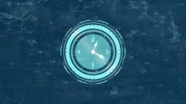 Bağlantı ağı üzerinden saat işleme ve veri işleme animasyonları. Dijital olarak oluşturulmuş küresel bağlantılar, hesaplama ve veri işleme kavramı.