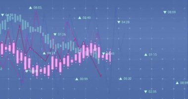 Animation of data processing over grid network against blue background. Computer interface and business technology concept