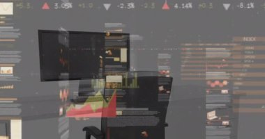 Ofis üzerinde istatistik ve veri işleme animasyonu. Dijital olarak oluşturulmuş küresel bağlantılar, hesaplama ve veri işleme kavramı.