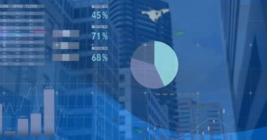 Animation of statistics and data processing over cityscape. Global business, finances, computing and data processing concept digitally generated video.