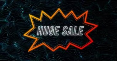 Konuşma baloncuğunda dev satış metinlerinin animasyonu siyah arkaplana karşı dalga şablonu. Dijital olarak üretilen hologram, illüstrasyon, indirim, reklam, pazarlama ve aydınlatılmış konsept.