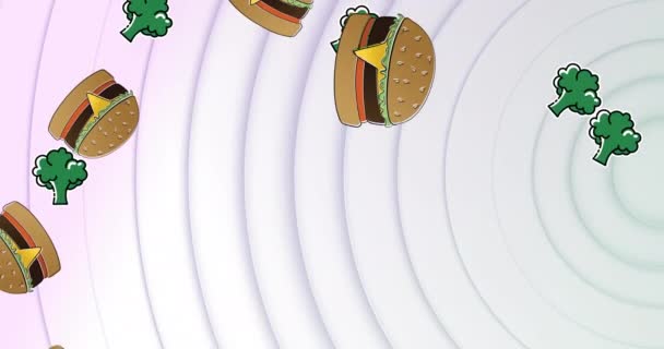 Animatie Van Hamburger Iconen Vallen Witte Concentrische Cirkels Fast Food — Stockvideo