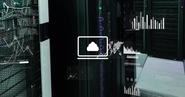 Значок Облака Диаграммами Графиками Обрабатывающими Данные Светящихся Серверах Темной Компьютерной — стоковое видео