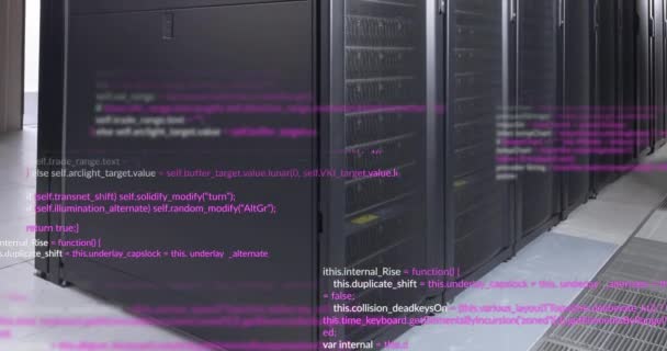 Фіолетово Біла Обробка Даних Над Кімнатою Комп Ютерного Сервера Язок — стокове відео