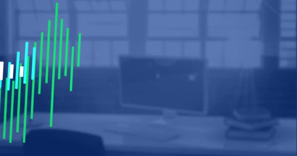 Processamento Dados Gráfico Azul Verde Sobre Computador Mesa Escritório Comunicação — Vídeo de Stock
