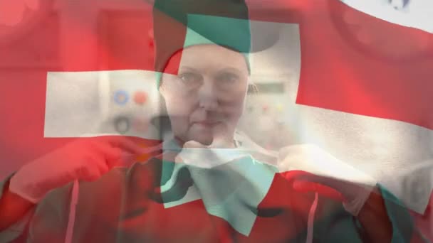 Animace Vlajky Švýcarského Bělošského Chirurga Obličejovou Maskou Globální Medicína Vlastenectví — Stock video