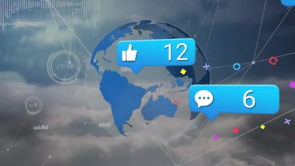 Animación Números Iconos Cuadro Mensajes Sobre Globo Puntos Conectados Contra — Vídeo de stock