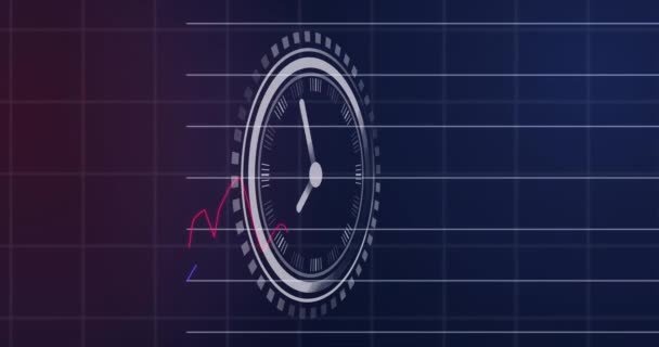 Animación Del Reloj Marcando Sobre Procesamiento Datos Estadísticos Contra Fondo — Vídeos de Stock