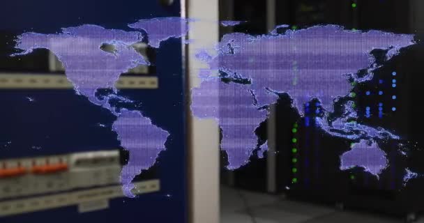 Distorting Purple Digital World Map Computer Server Room Global Communication — Stock Video