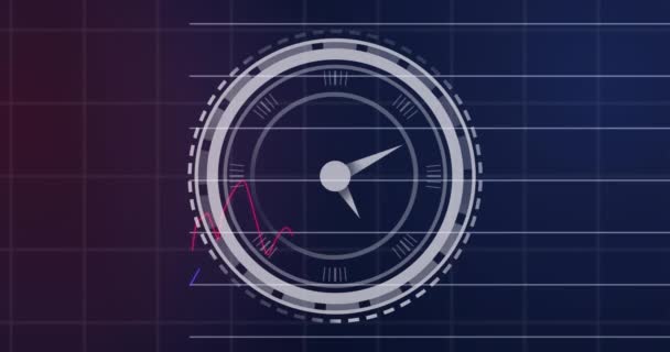Animação Relógio Sobre Processamento Dados Estatísticos Contra Fundo Gradiente Roxo — Vídeo de Stock