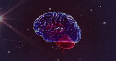 Siyah zemin üzerinde dijital beyin üzerindeki bağlantı ağı ve ışık izlerinin bileşimi. Küresel bağlantılar ve dijital arayüz konsepti dijital olarak oluşturuldu.