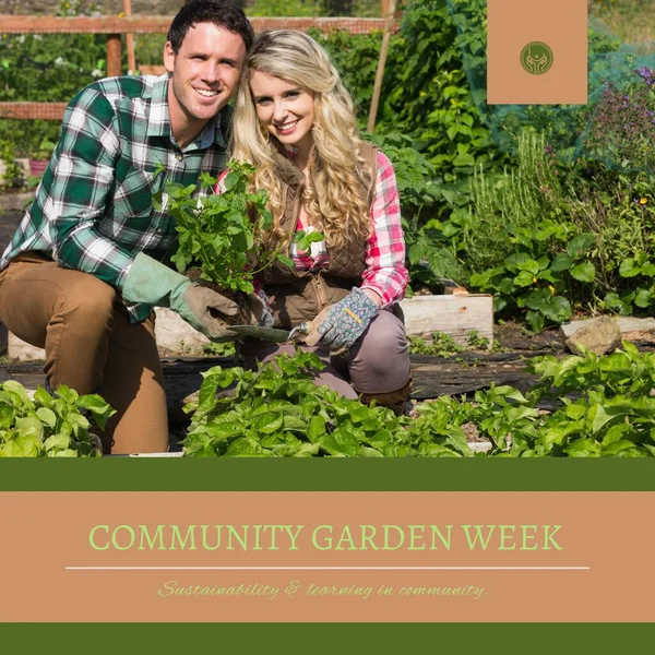 Composition of community garden week text and caucasian couple gardening. Community garden week, gardening and leisure time concept digitally generated image.