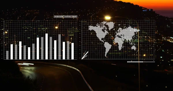 Şehir Haritası Üzerinde Dünya Haritasıyla Veri Işleme Bileşimi Küresel Teknoloji — Stok fotoğraf