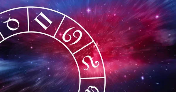 Zusammensetzung Eines Kreises Mit Tierkreiszeichen Über Sternen Auf Blauem Hintergrund — Stockfoto