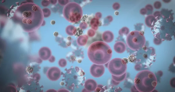 파란색 배경에 바이러스와 혈구가 배치되어 있습니다 세계적 유행병 의학적 디지털로 — 스톡 사진