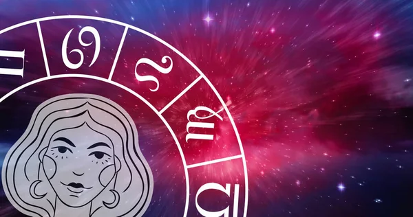 Composición Círculo Con Signos Del Zodíaco Mujer Icono Sobre Cielo — Foto de Stock